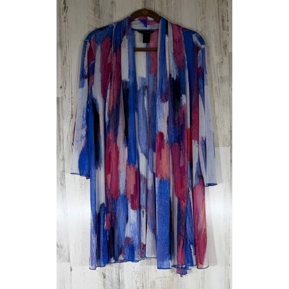 Ali Miles Cardigan XL Blue Pink Abstract Artsy Sheer Mesh Open Front 3/4 Sleeve